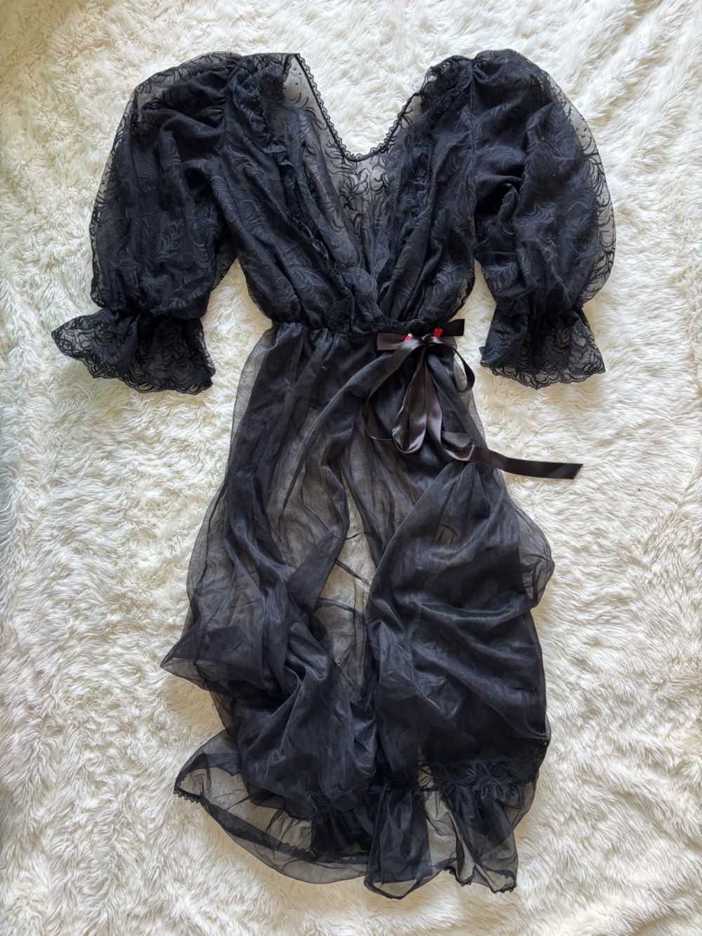 Vintage Sheer Black Lace Puff Sleeve Robe with Satin Tie